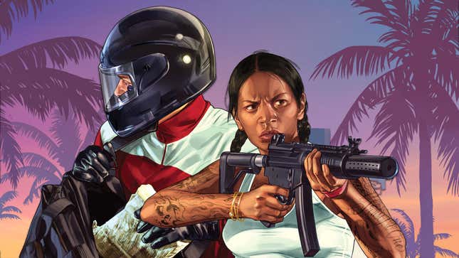 The GTA VI image shows two people, a man with a helmet (left) and a woman with a gun (right), against a blue background filled with palm trees.