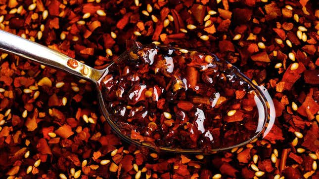 closeup of spoonful of chili crisp