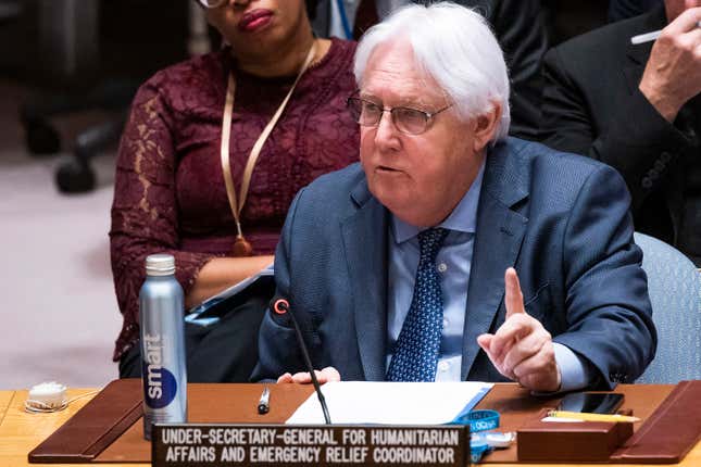 FILE - Under-Secretary-General for Humanitarian Affairs and Emergency Relief Coordinator Martin Griffiths speaks during a UN Security Council meeting, July 21, 2023, at the United Nations headquarters. Facing “a severe and ominous funding crisis,” the United Nations is targeting fewer people and seeking less money in its 2024 global humanitarian appeal launched Monday, Dec. 11. Griffiths said needs have escalated but the U.N. has reduced the appeal because the U.N. received just over one-third of the $57 billion it sought to held 245 million people this year. (AP Photo/Eduardo Munoz Alvarez, File)