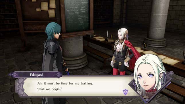 Edelgard talks to her professor in a classroom