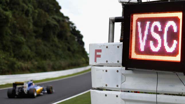 A photo of the illuminated Virtual Safety Car panel at an F1 race in Europe. 