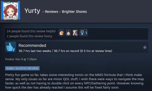 A screenshot shows a Steam user review of Brighter Shores.