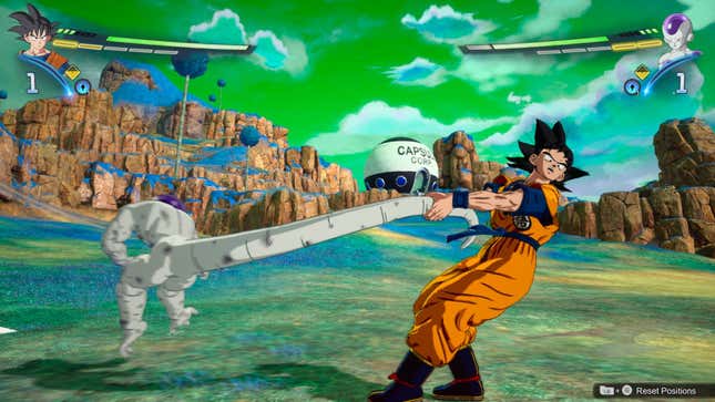 Goku swings Frieza around by his tail.