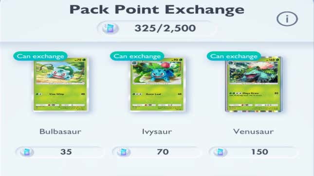 The Pack Point Exchange tab shows different costs for the Venusaur evolution line.