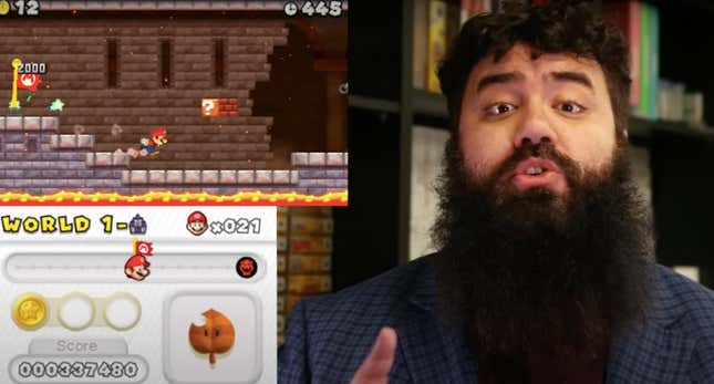 The Completionist talks to the camera with a Super Mario gameplay screen inlay. 