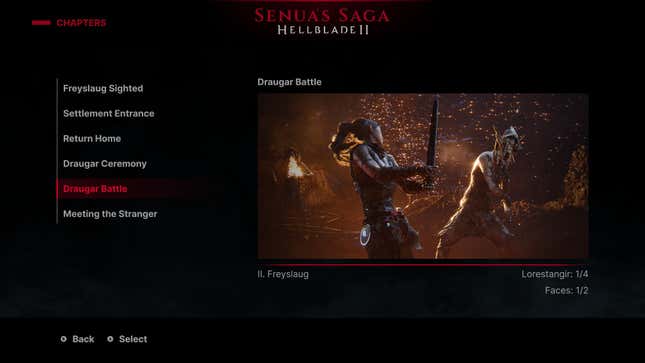 A menu shows chapter selection in Hellblade 2