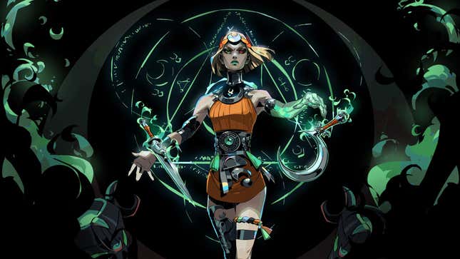 Key art of Melinoë, Hades 2's new protagonist, with the sister blades in hand and incantation circles around her.