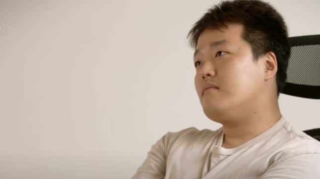 Do Kwon staring up at the ceiling in a desk chair.