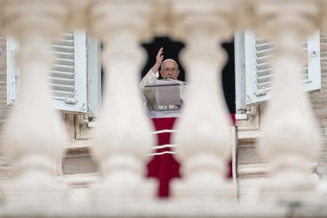 Pope Francis delivers his blessing as he recites the Angelus noon prayer from the window of his studio overlooking St.Peter&#39;s Square at the Vatican, on the occasion of All Saints Day, Wednesday, Nov. 1, 2023. (AP Photo/Andrew Medichini)