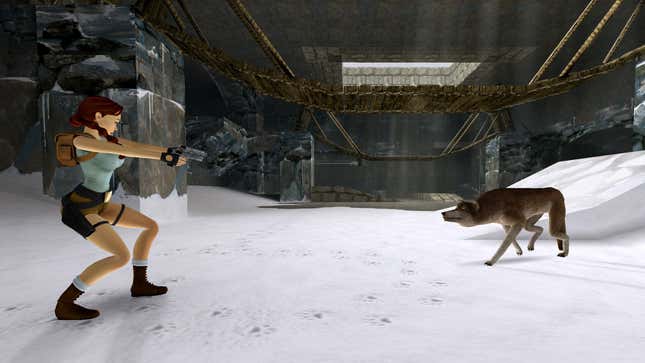 A screenshot of Tomb Raider I Remastered show Lara fighting a wolf. 