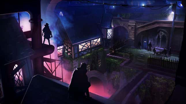 Concept art of OtherSide Entertainment's title Thick as Thieves showing two thief characters scoping out a potential job.