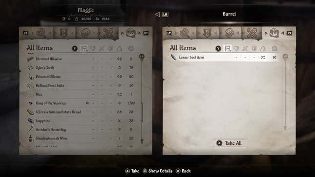 A menu screen shows a Lesser Soul Gem.