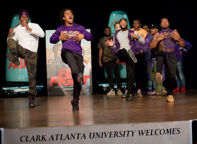 ATLANTA, GA - FEBRUARY 16: Members of Omega Psi Phi fraternity perform on stage during the FIST FIGHT and Ice Cube take over at Clark Atlanta University for an HBCU Stroll-Off on February 16, 2017 in Atlanta, Georgia.