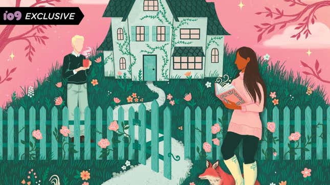 An illustration of a woman reading a book in front of a picket fence, house, and man drinking coffee
