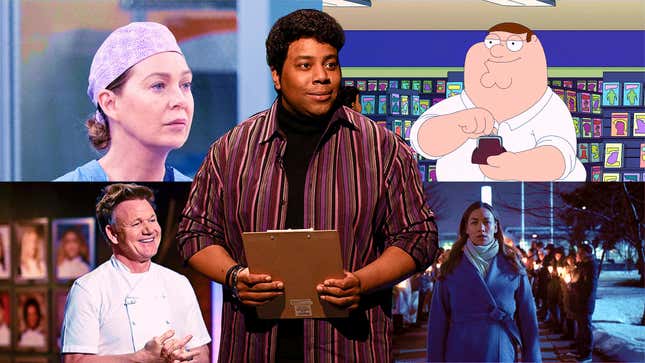 From L to R: Gordon Ramsay in Hell’s Kitchen; Ellen Pompeo in Grey’s Anatomy; A still from Family Guy; Yvonne Strahovski in The Handmaid’s Tale; Kenan Thompson in Saturday Night Live