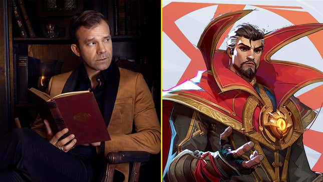 A voice actor is juxtaposed next to a Marvel character.