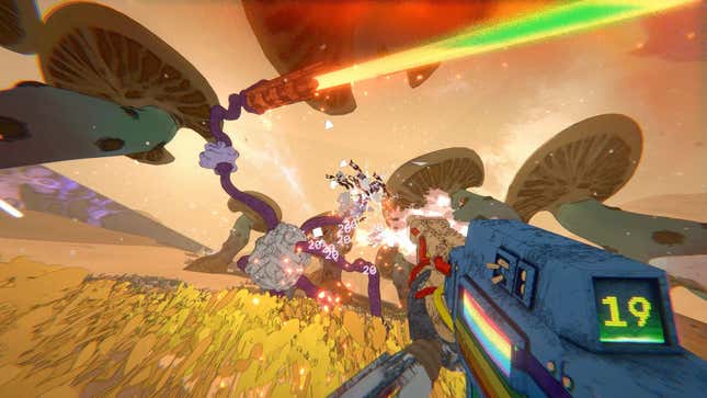 A player shoots at monsters in a world with giant mushrooms.