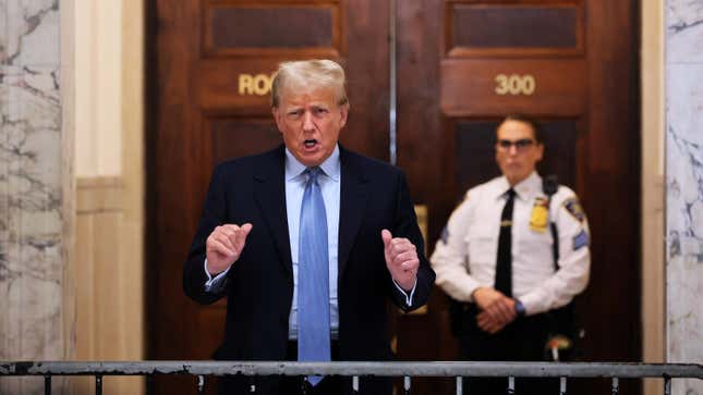 Former President Donald Trump speaks after returning from a break during his civil fraud trial at New York State Supreme Court on October 18, 2023 in New York City. 