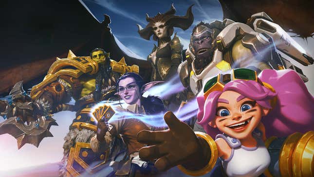 Characters from multiple Blizzard franchises stand together.