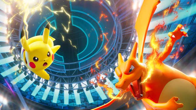 Pikachu and Charizard in battle.