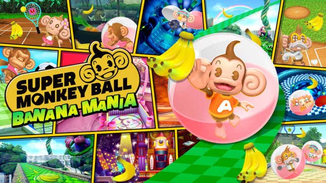 Splash page of the game Super Monkey Ball Banana Mania, featuring a monkey in a ball being led by a banana bunch.