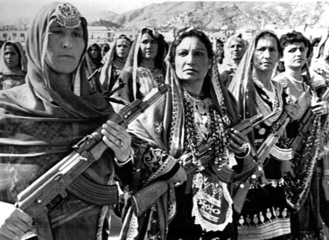 Afghan women at a parade of village defense forces in 1988.
