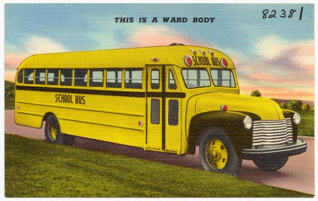 A drawing of a vintage school bus 