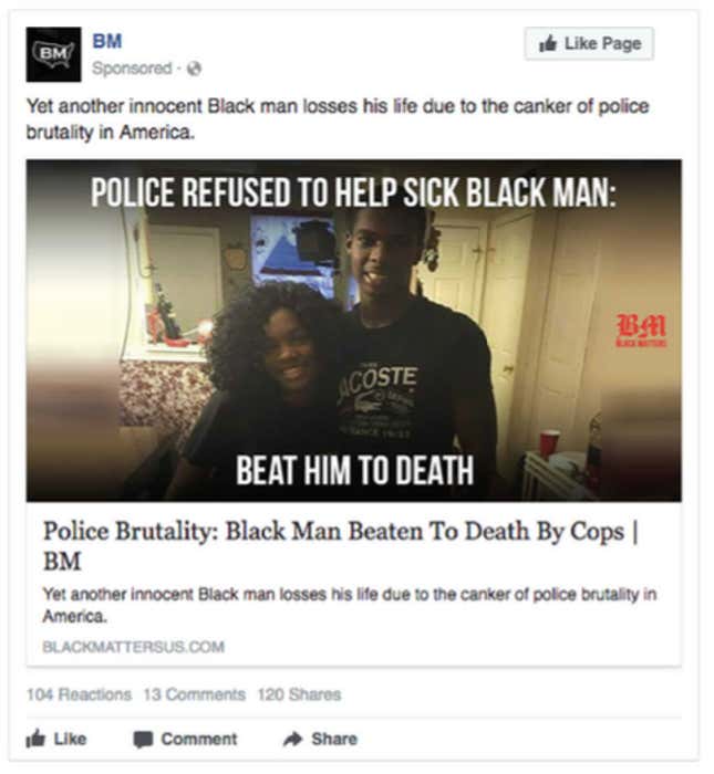 This ad was targeted toward people living in Minneapolis, whose interests were: “Black Power,” “Racial equality,” “Social justice,” “Black Panther Party,”or “Cop Block.”