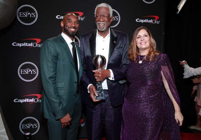 Kobe Bryant, left, Bill Russell and a guest attend The 2019 ESPYs at Microsoft Theater on July 10, 2019 in Los Angeles, California.