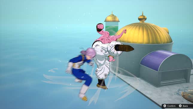 Trunks turns into a blur as he dodges Super Buu’s attacks.