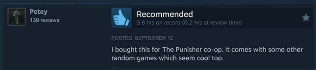 A positive Steam review reading, "I bought this for The Punisher co-op. It comes with some other random games which seem cool too."