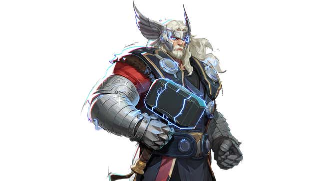 Thor holds his hammer as it radiates electricity around him.