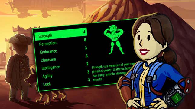 The image shows Fallout characters from Shelter with stats behind them.