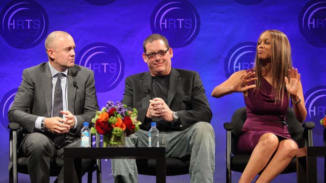 Michael Davies, president, Embassy Row (L), Mike Fleiss, founder, Next Entertainment and talk show host Tyra Banks attend The Hollywood Radio and Television Society's Newsmaker Luncheon "Broadcasting Reality - Show Me The Money" panel discussion on April 22, 2009 in Beverly Hills, California.