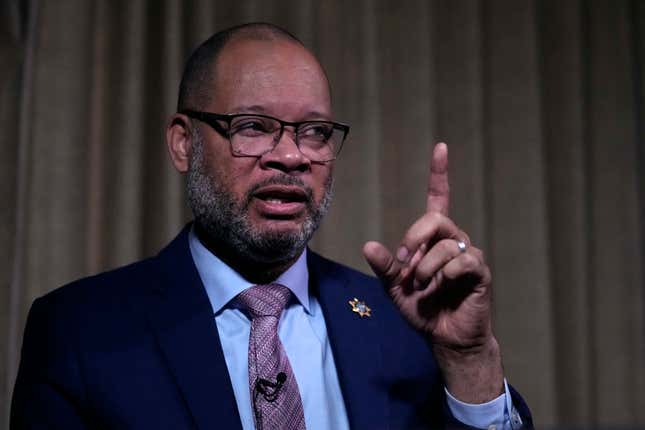 FILE - Aaron Ford, Attorney General of Nevada, answers a question during an interview at the State Attorneys General Association meetings, Nov. 16, 2023, in Boston. Ford has launched a go-it-alone legal fight accusing TikTok, Snapchat and Meta of creating what one lawsuit calls “an addiction machine” that exploits children too young to have self-control. Three lawsuits filed Tuesday, Jan.30, 2024, in state court allege the platforms put kids at risk of auto accidents, drug overdoses, suicides, eating disorders and sexual exploitation. (AP Photo/Charles Krupa, File)