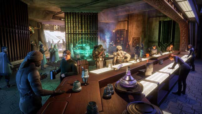 A bustling tavern in Arrakis in Dune Awakening.