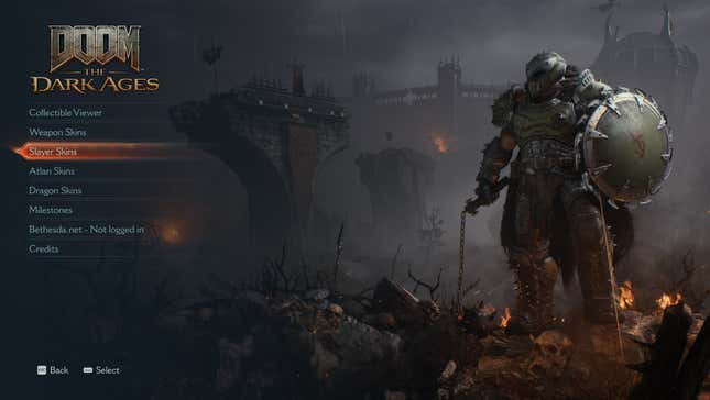 A screenshot shows different skin options for the Doom Slayer.
