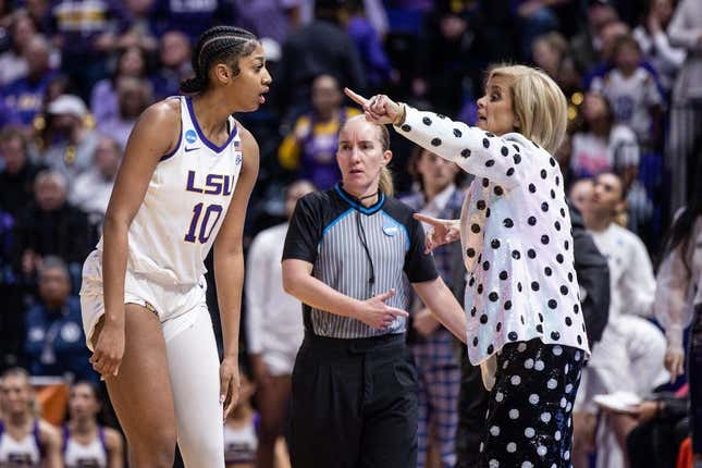 LSU Lady Tigers head coach Kim Mulkey said not playing All-American Angel Reese (10) in the second half Tuesday afternoon was a coach’s decision.