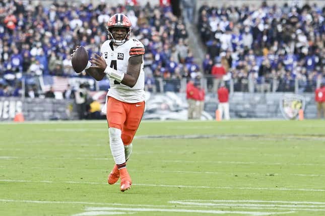 Nov 12, 2023; Baltimore, Maryland, USA;  Cleveland Browns quarterback Deshaun Watson (4) throws on the run during the second halfagainst the Baltimore Ravens at M&amp;amp;T Bank Stadium.