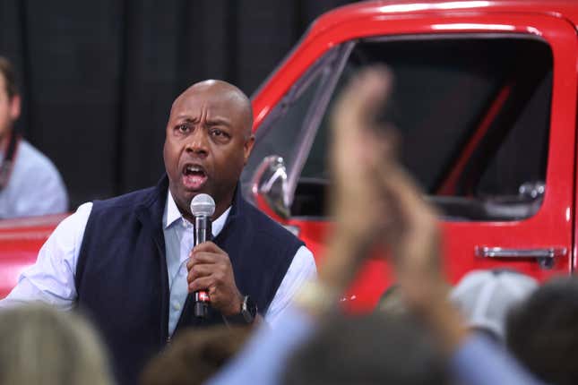 IOWA CITY, IOWA - OCTOBER 20: Republican presidential candidate Senator Tim Scott (R-SC) speaks to guests at the third annual MMM Tailgate celebration hosted by U.S. Rep. Mariannette Miller-Meeks (R-IA) on October 20, 2023 in Iowa City, Iowa. This year’s event attracted several of Republican presidential candidates. 