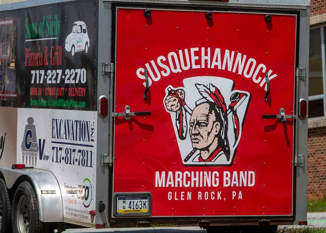 The Susquehannock Warriors logo is seen on a trailer at Susquehannock High School, April 25, 2021, in Glen Park, Pa. Pennsylvania’s Southern York County School District reinstated its mascot in January 2024, joining school districts in Massachusetts and Connecticut that reverted to mascots that many Native Americans have called offensive. (Paul Kuehnel/York Daily Record via AP)