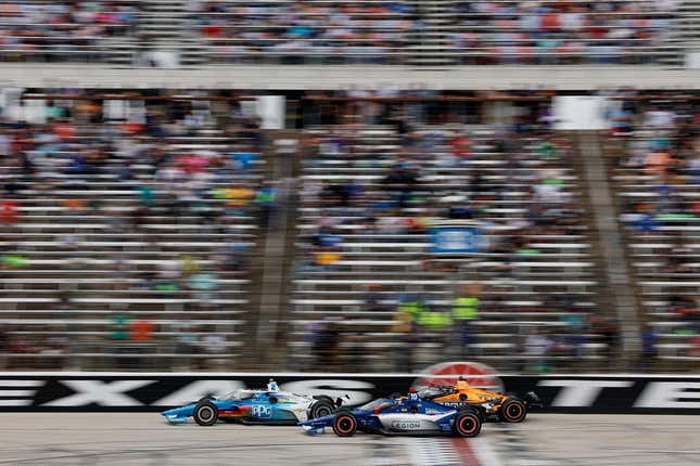 Josef Newarden, Alex Palou, and Pato O'Ward battle for the lead at Texas Motor Speedway's PPG 375.