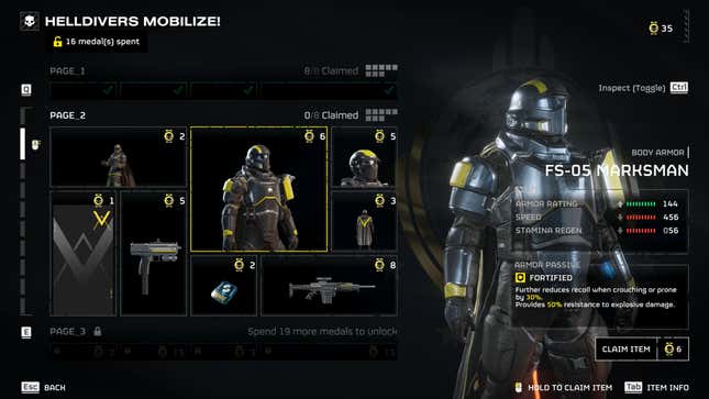 A screenshot of Helldivers 2's menu shows armor stats.