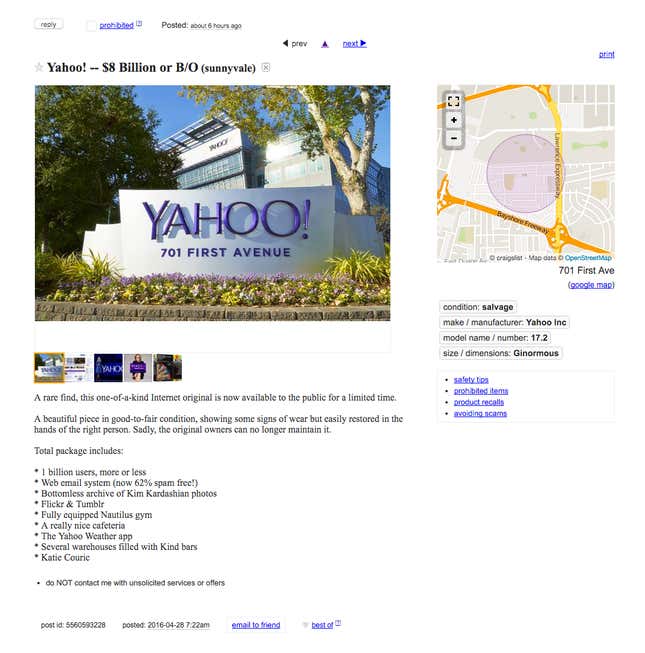 Image for article titled For sale on Craigslist: One Yahoo, slightly used