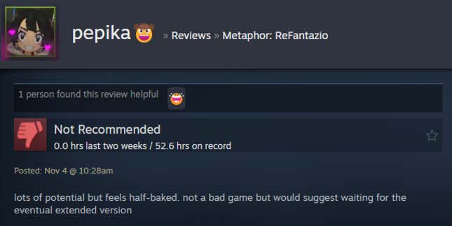 A screenshot shows a Steam review for Metaphor: ReFantazio.