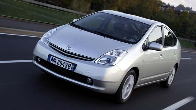 A photo of a silver Toyota Prius sedan. 