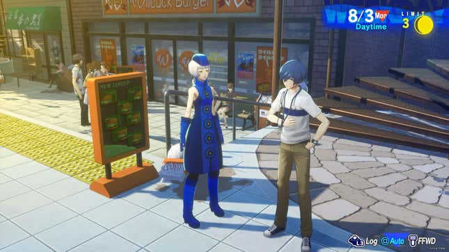 Elizabeth and Makoto stand in front of a strip mall.