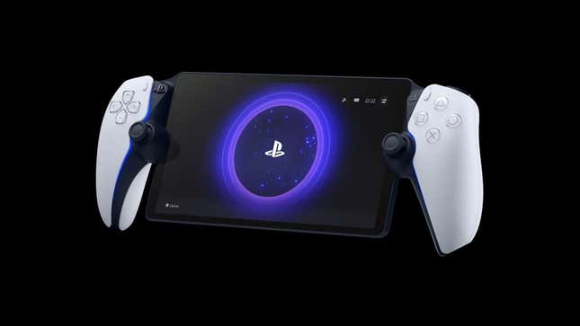 PlayStation Portal tālvadības palaidējs peld uz melna fona.