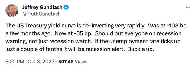 Screenshot of Jeffrey Gundlach's tweet about yield curve de-inversion
