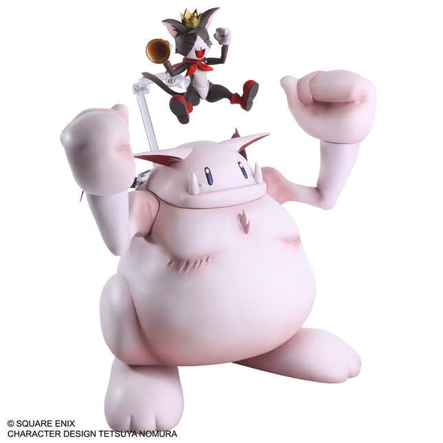 Cait Sith jumps on a robotic moogle's head. 